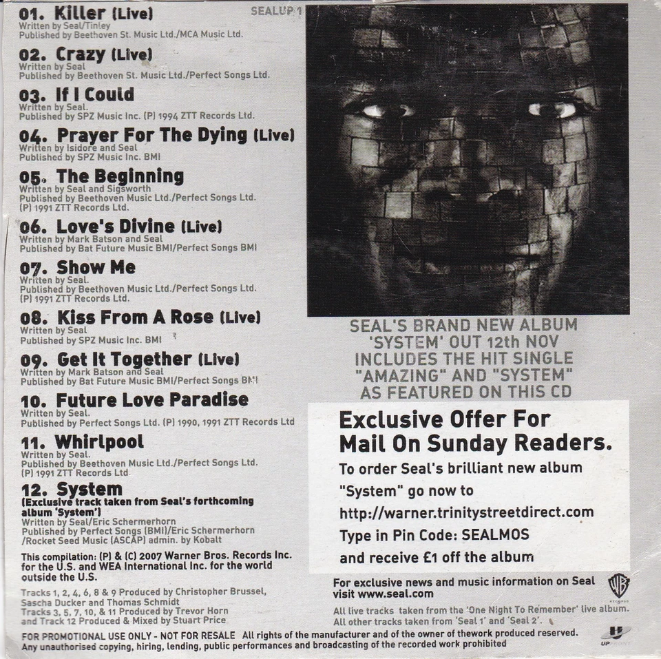 SEAL ( THE MAIL ON SUNDAY Newspaper CD ) incl. Live Tracks - Bild 2 von 3