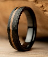 Tungsten Carbide Men's Band Black Brown Whiskey Barrel Oak Inlay Ring