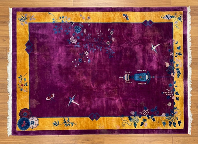 8.5×11.2ft Handmade Chinese Art Deco Rug Purple Floral Wool Oriental Area Rug
