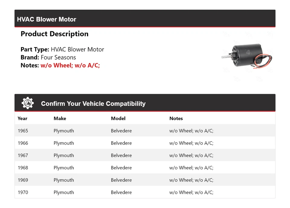 Motor soplador de climatización Plymouth Belvedere 1965-1970 4 estaciones 1966 1967 1968 1969 Foto 2 de 4
