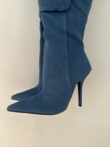 Thigh High Stiletto Boots Size 7.5 New Without Tags Sheln Brand Denim Pockets - Picture 5 of 12
