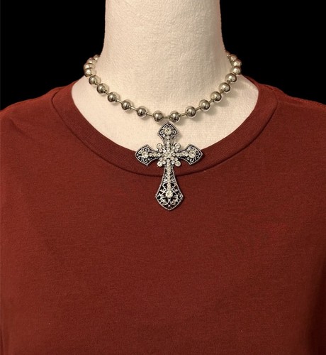 Big Large Silver Goth Statement Cross Pendant Charm Beaded Necklace New - Picture 2 of 15