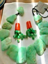 Sale! MONIES UNIQUE Exceptional CHRYSOPRASE NECKLACE 20" + CORAL EARRINGS Signed