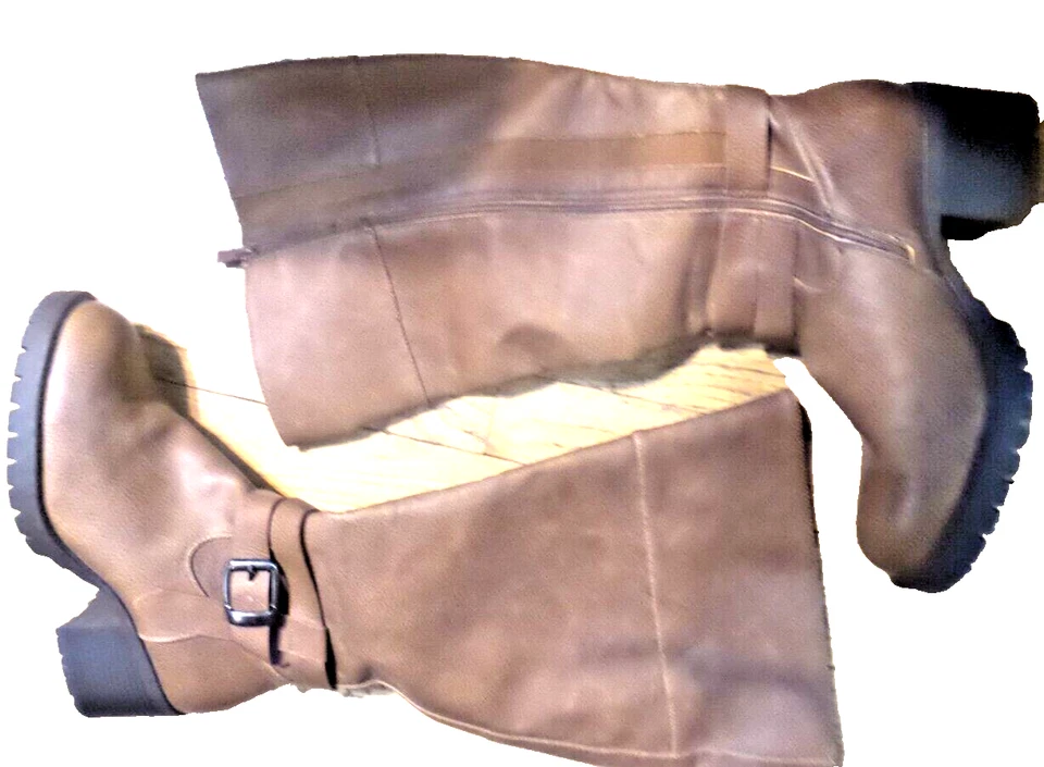 Torrid Knee-High Boots Brown Faux Leather Chunky Lug Buckle Full Side Zip 9.5 W - Image 2 of 4