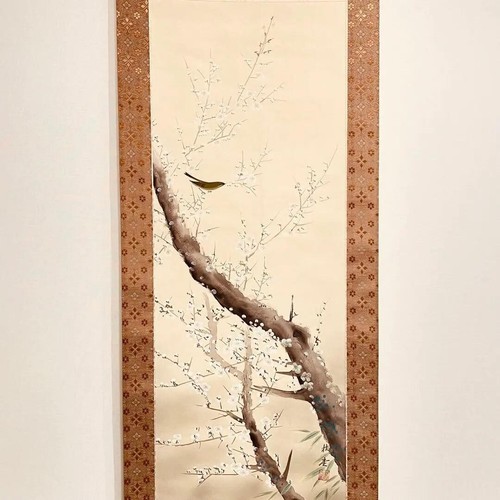 Japanese Hanging Scroll White Plum Warbler Painting w/Box Asian Antique 810