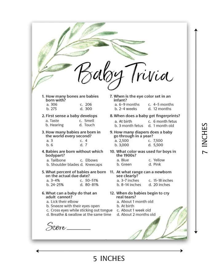 GREENERY Juego Baby Shower BABY TRIVIA Juegos Pack de 25 Datos Divertidos Bebé Minimalista Foto 2 de 3