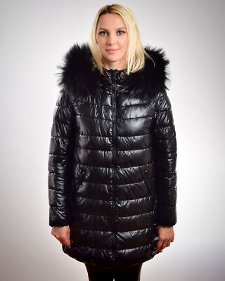 Lange Damenjacke mit Kapuze mit Waschbärfell, schwarz Steppjacke Raccoon