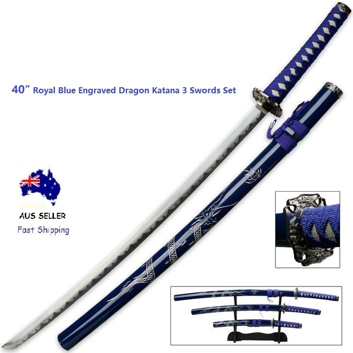 40” Royal Blue Engraved Dragon Japanese Samurai Katana 3 Swords