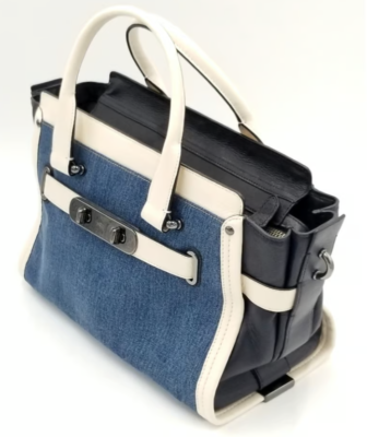 極美品✨️ COACH Swagger Denim 2way shoulder Coach Denim Swagger With Chalk White Leather Trim Satchel