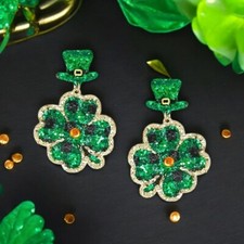 St. Patrick's Day 4 Leaf Clover Glitter Dangling Earrings, Green Leprechaun Hat