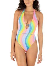 Hurley Juniors' Soft Waves plunging neckline Cheeky One-Piece Swimsuit Multi S
