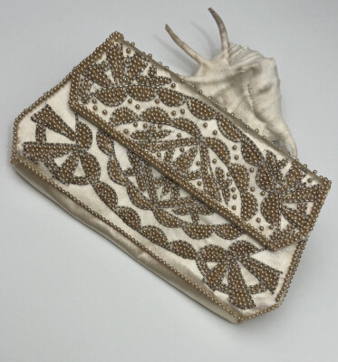 Vintage Beaded Purse Clutch Faux Pearl Beads Champagne Color Snap Closure  