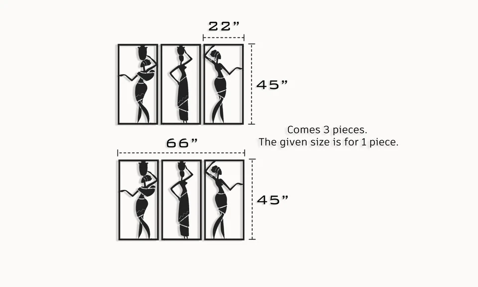 Arte de pared de metal para mujeres africanas de 3 piezas, decoración de pared para mujeres negras, escultura de pared Foto 2 de 4