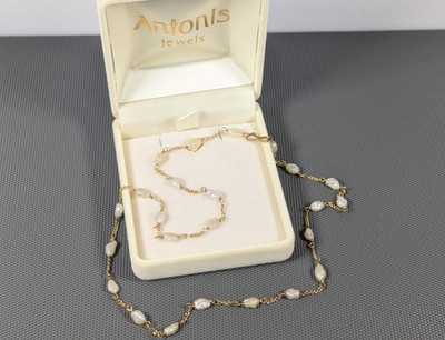 14K Solid Yellow Gold Rice Pearl Station Necklace 17''