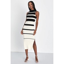 Lulus Modern Classic Ivory and Black Striped Midi Sweater Dress Small