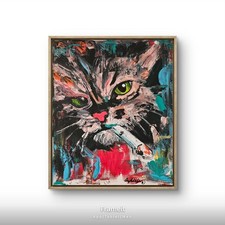 Unique Abstract Smoking Cat Expressionist Wall Art Painting 11x14