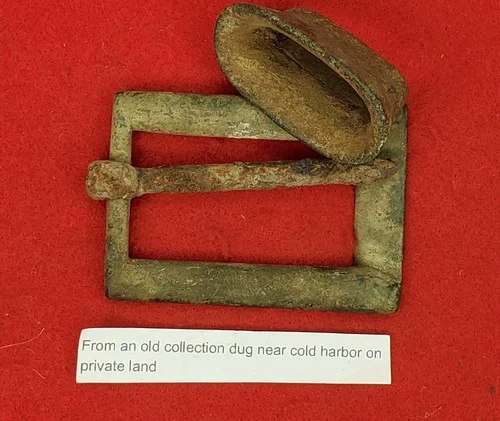 EXCAVATED THICK BRASS BUCKLE FROM COLD HARBOR AND SCABBARD THROAT
