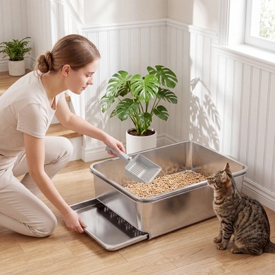 PawHut Stainless Steel Litter Box, XL Sifting Cat Litter Box, Easy Clean