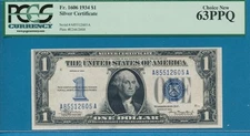 $1.00 1934 FUNNY BACK  BLUE SEAL SILVER CERTIFICATE PCGS CHOICE NEW 63PPQ