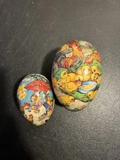 Vintage 1950s German Paper Mache Eggs Nesting Set of 2 Baby Chicks on Farm Bunny