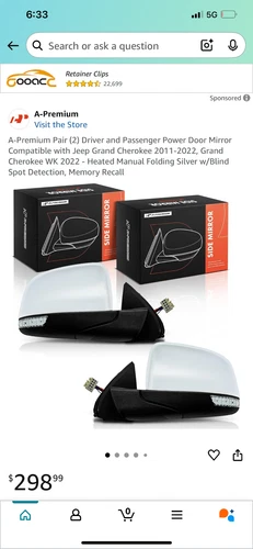 Door Mirror Set for Jeep Grand Cherokee 2011-2022 Limited Overland Laredo WK,