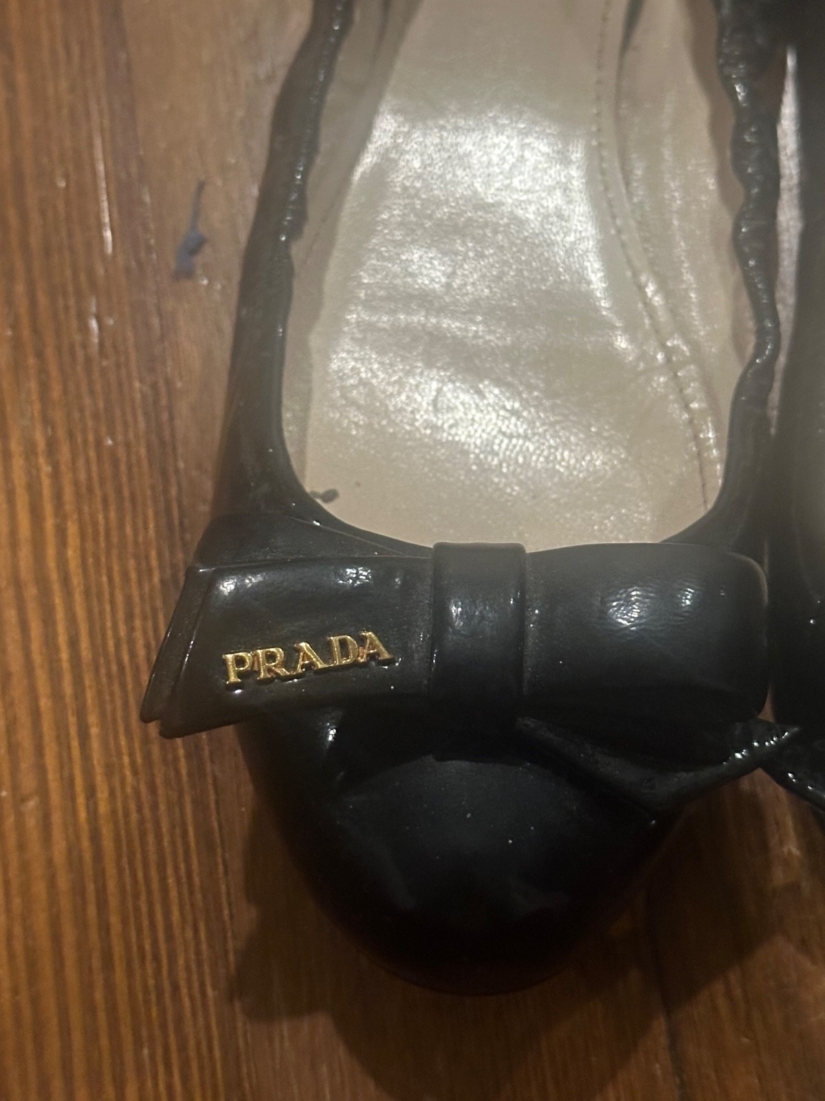 PRADA Black Patent Leather Flats with Bows on Front, Size 38