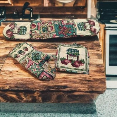 Vintage Strawberry Jam Quilted Kitchen Set - 3pc B&D Double Mitt & Potholders