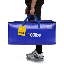 4 Pack Blue 100lb Capacity Heavy Duty Moving Bags, 95L, Extra Large Totes