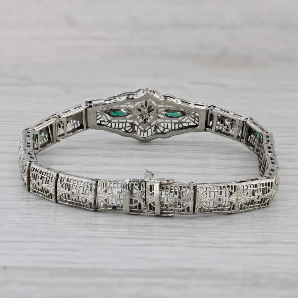 Art Deco Diamond Imitation Emerald Filigree Bracelet 14k White Gold 7" - Image 3 of 4