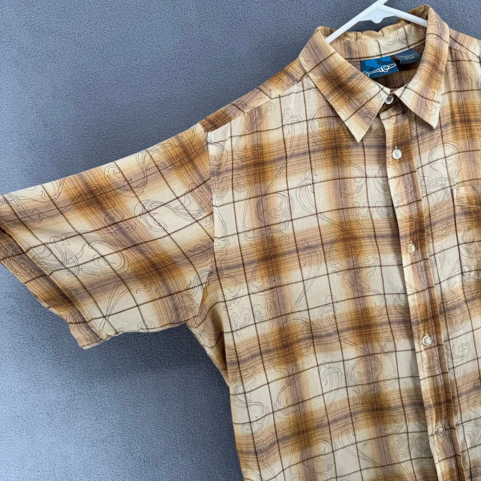 Vintage Y2K Gotcha Plaid Button Down Short Sleeve Shirt Mens L Tan Brown Plaid - Image 3 of 4