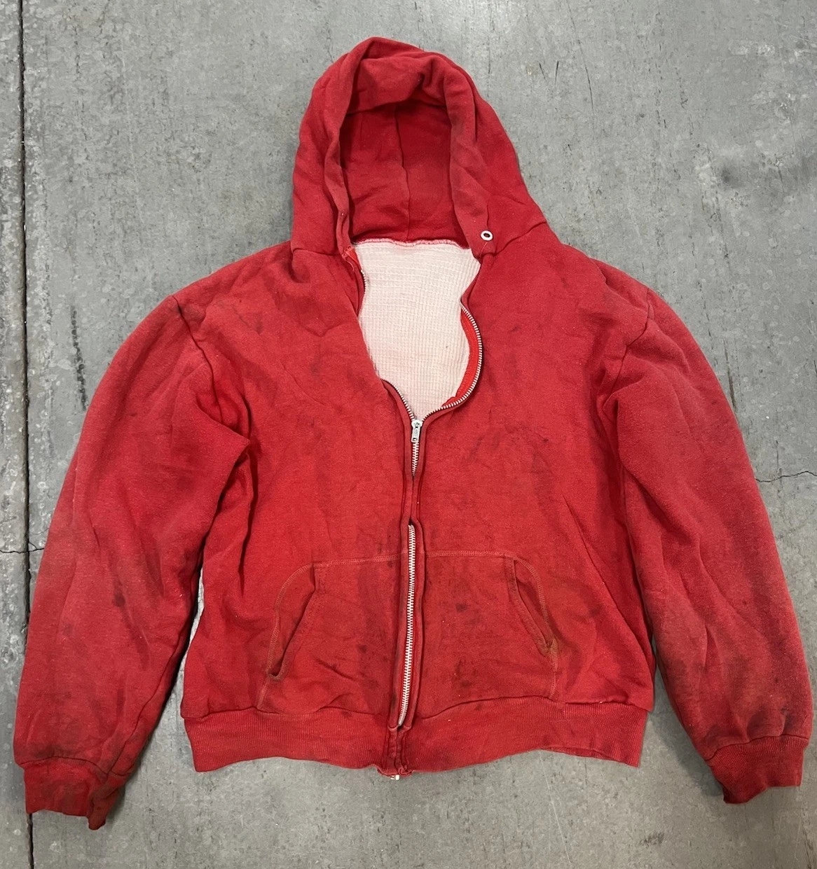 Vintage 60s Thrashed Faded Thermal Zip Up Hoodie Red, Double Face Size S/M
Opens in a new window or