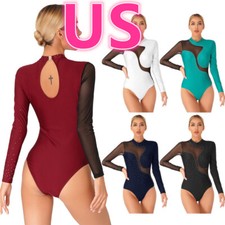 Women Ballet Dance Leotard Figure Skating Jumpsuit Shiny Rhinestone Bodysuit