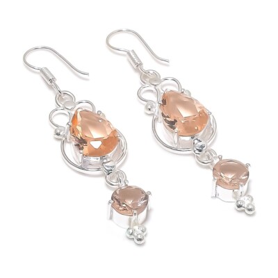 Peach Morganite Gemstone Handmade 925 Sterling silver Stud Earring Size 2.5''