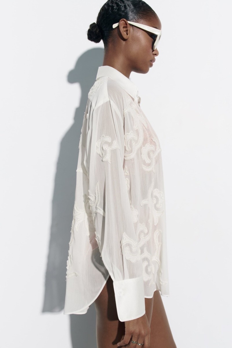 NWT ZARA Embroidered Semi-sheer Beaded Button-up Blouse NWT ZARA Embroidered Semi-sheer Beaded Button-up Blouse