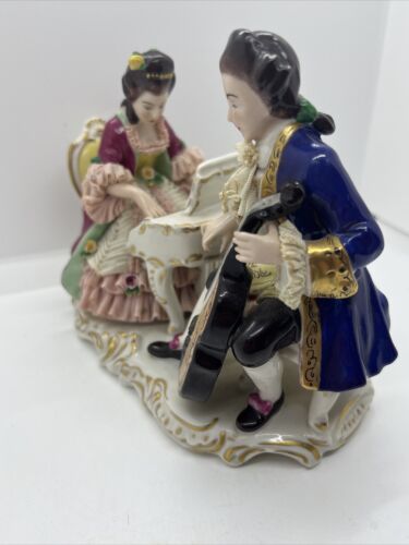 Vintage Dresden Porcelain Lace Figurine Victorian Couple Playing Piano & Cello - Picture 3 of 9