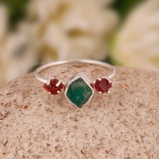 Raw Emerald And Ruby Gemstone Sterling Silver Engagement Band Ring For Her