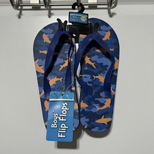 Boy's Size Large 2-3 Flip Flops, Navy Blue/Orange Shark Print