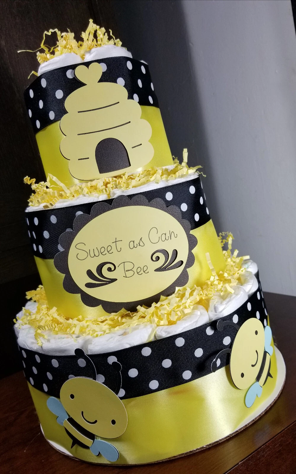 Diaper Cake - Sweet as Can Bee Yellow and Black Bumble Bee Theme Diaper Cake