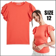 TU Size 12 Dark Coral / Orange Ribbed Top T-Shirt With Short Ruffle Wide Sleeve