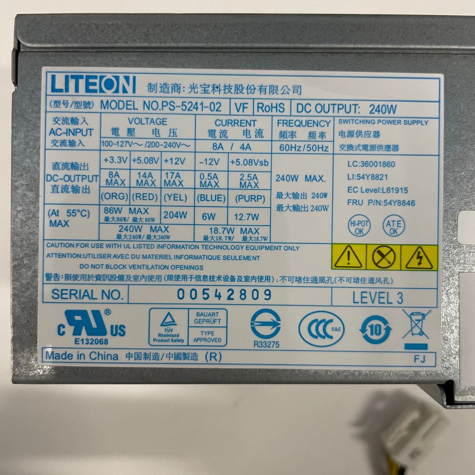 Lenovo ThinkCentre M70e M71e M72e M80 M81 M91 Series 240W PSU PS-5241-02 54Y8846 - Image 3 of 4