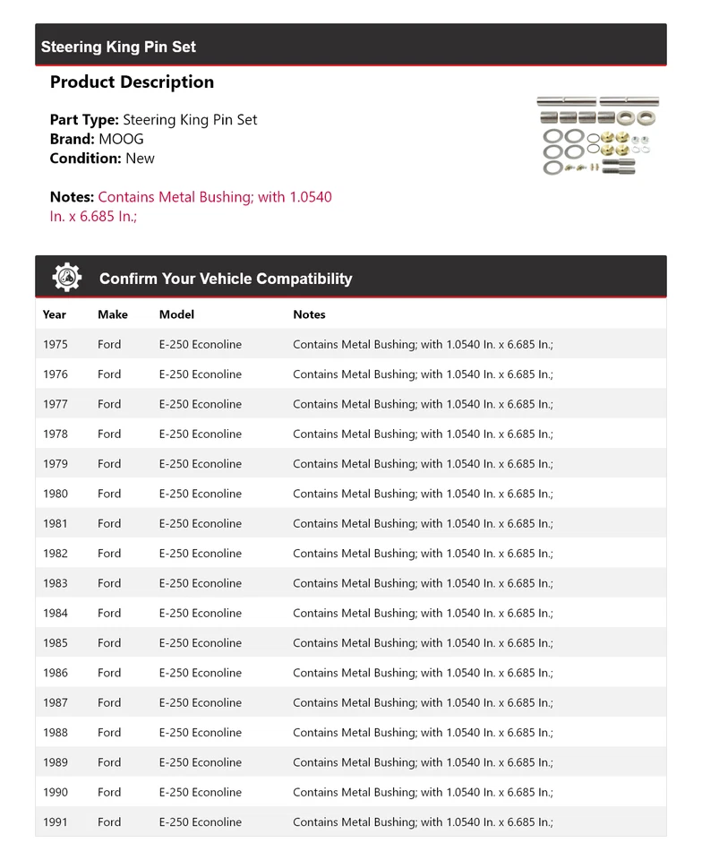 Juego de pasadores de dirección Econoline para Ford E-250 1975-1991 MOOG 1975 1976 1977 Foto 2 de 4