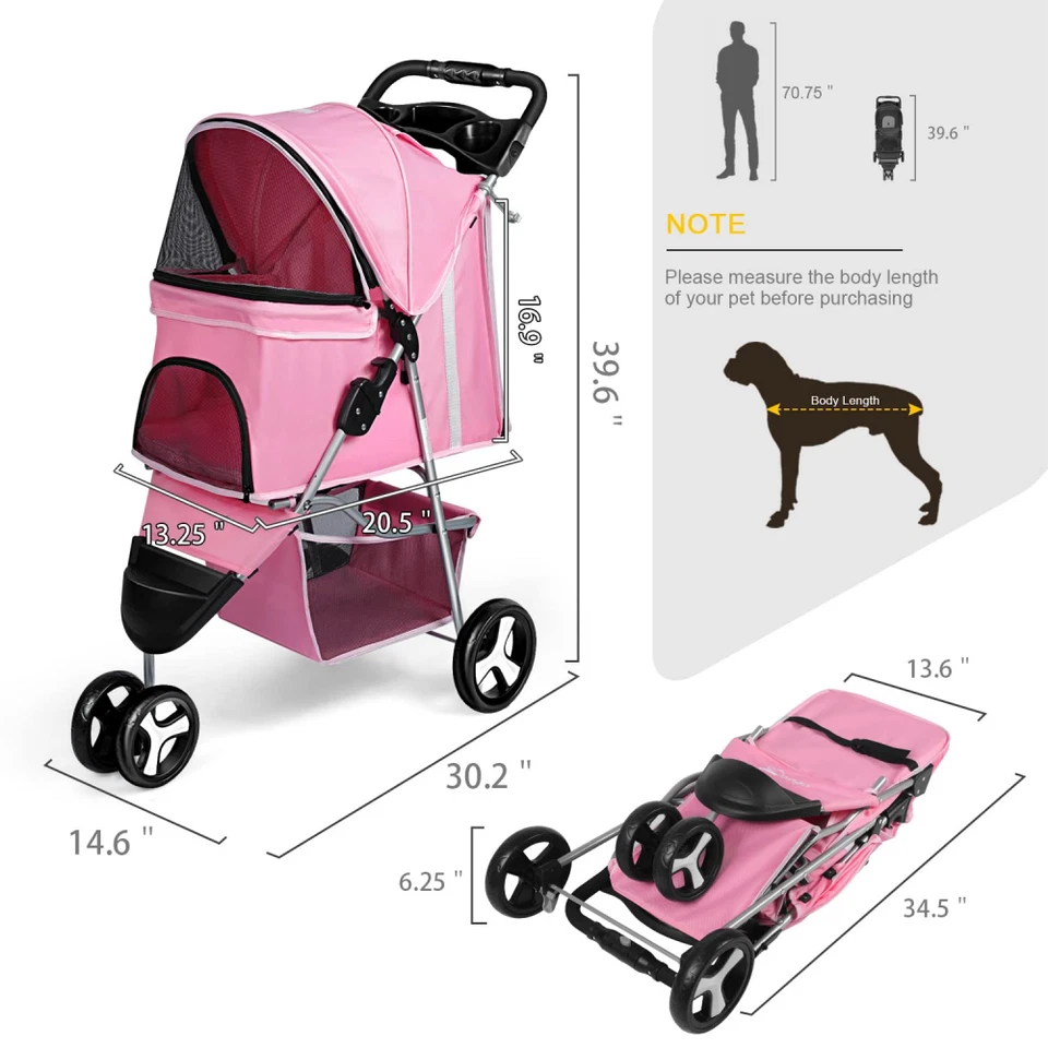 3/4 Wheels Foldable Pet Stroller Puppy Stroller with Storage Basket & Cup Holder - Image 2 of 4