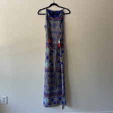 The Limited Maxi Dress Womens Small Blue Boho Sleeveless Tassel Belt Side Slit