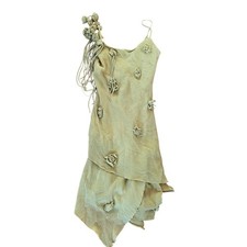 Vestido sin cordones asimétrico vintage Y2K Cache cálido verde con cuentas roseta flecos hadas