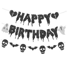 Glitter Black Halloween Birthday Banner-Heart Ghost and Skull Happy Birthday