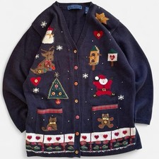 Vintage Karen Scott Navy Knit Embroidered Christmas Santa Snowman Cardigan M