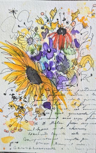 Original Signed Watercolor Painting. Purple. Boho. Sunflower. Violets.Bouquet.