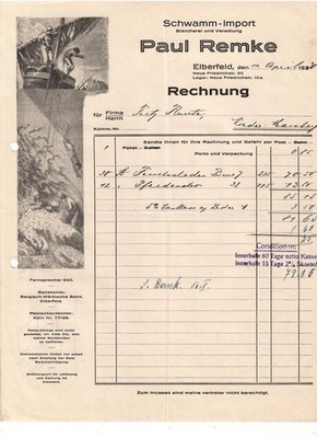 Aj1-Alte Rechnung Paul Remke Schwamm- Import Elberfeld 1930