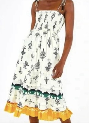 Farm Rio Pitta Stamp A-line Midi Sundress Beaded Tassel Ties Sz XL Tropical 