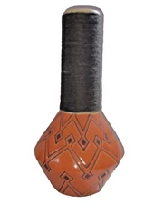 Orange Geometric Ceramic Vase w/ Twine Neck Retro Modern Decor 13"